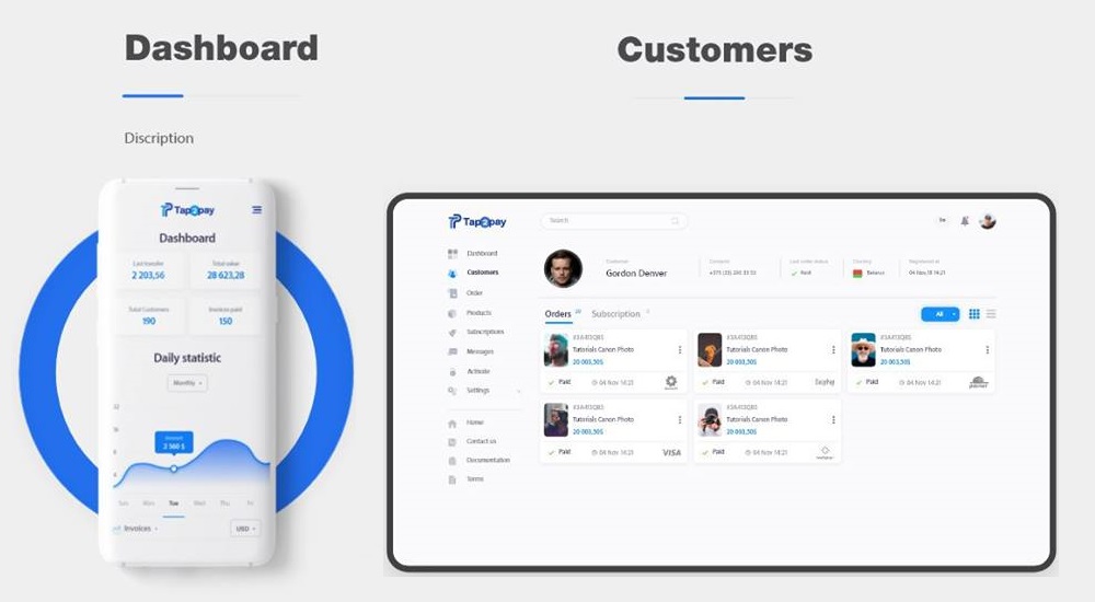 Tap2Pay merchant dashboard with analytics about transactions